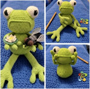 Kézzel horgolt béka amigurumi figura tavirózsával és léggyel