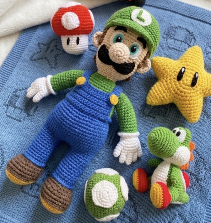 Kézzel horgolt Super Mario Luigi amigurumi figura Yoshi és Mario kiegészítőkkel