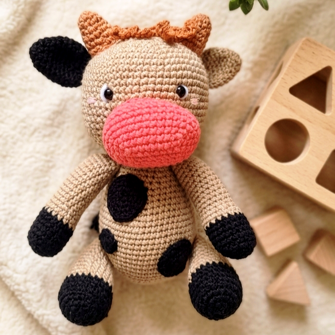 Kézzel horgolt tehén amigurumi figura