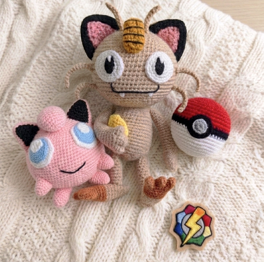Kézzel horgolt amigurumi Pokémon figurák Meowth, Jigglypuff és Pokélabda