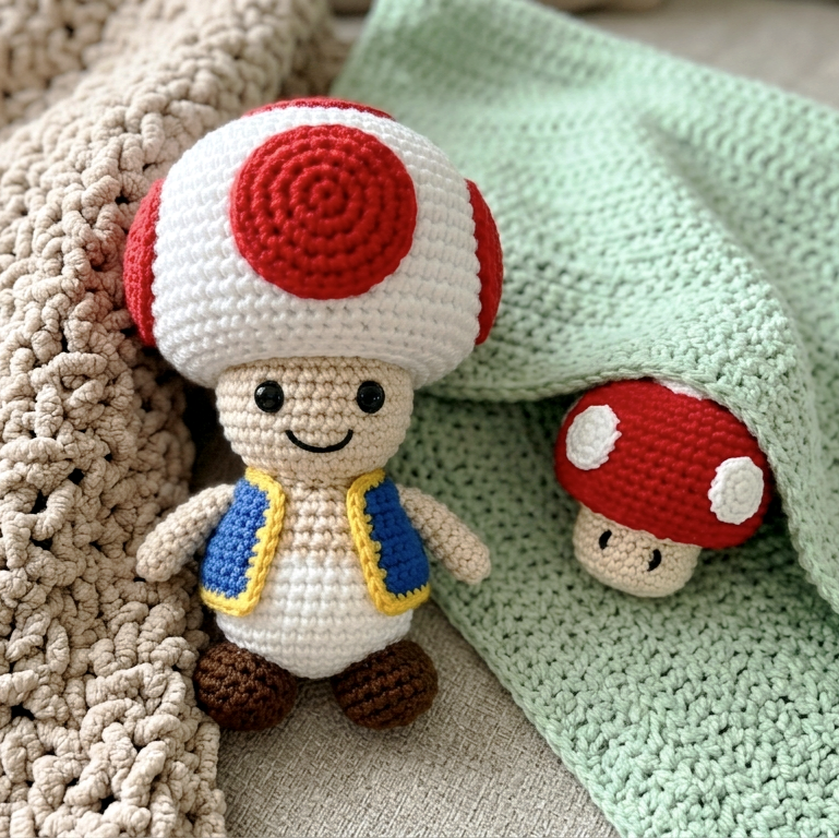 Kézzel horgolt gomba figura, amigurumi játék