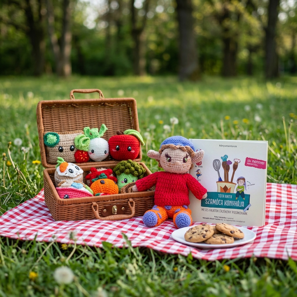 Horgolt amigurumi baba és figurák piknik kosárban kézzel készített játékokkal.