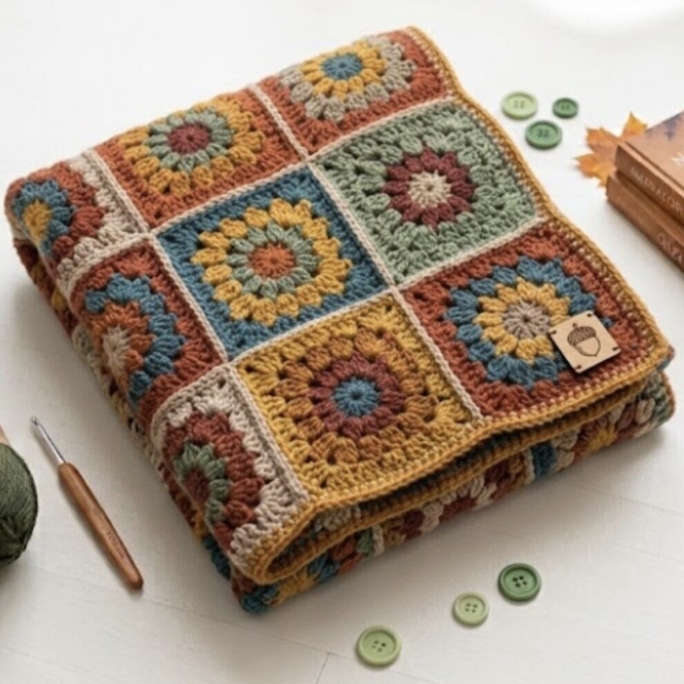 Kézzel készített horgolt takaró színes granny square mintával